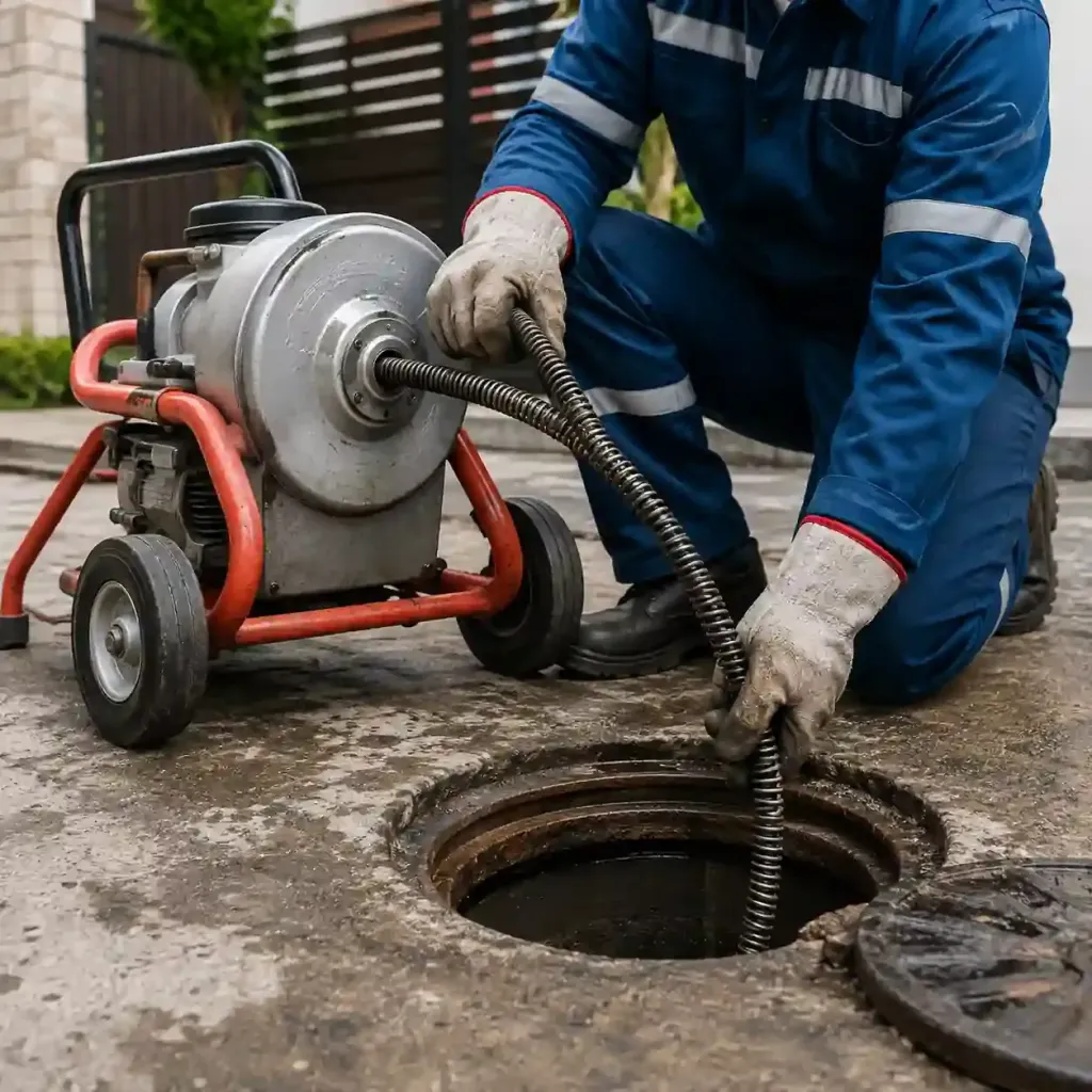 Técnico de Plomeros y Desazolve operando sonda eléctrica para el desazolve de coladera de piso en GAM