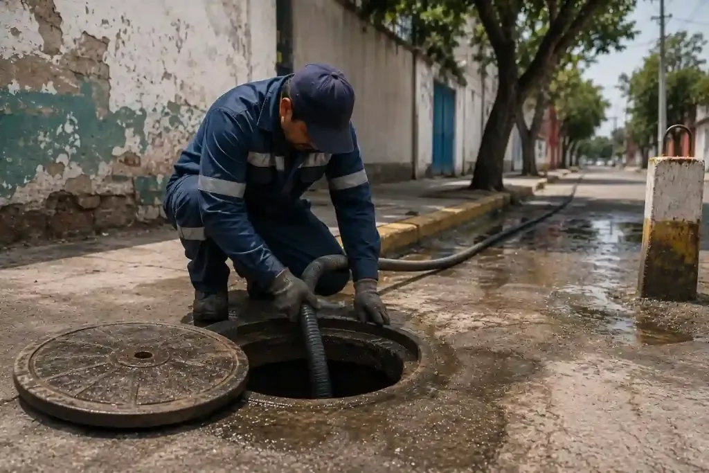 Técnico de Plomeros y Desazolve realizando desazolve de alcantarillado con manguera de succión en Venustiano Carranza
